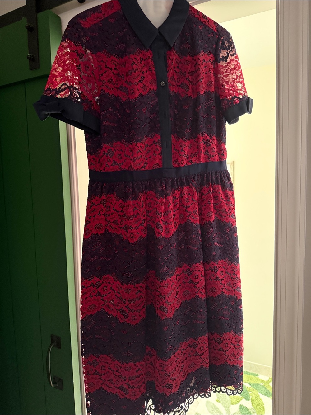Draper James Cranberry Red and Navy Lace Fit-and-Flare Dress